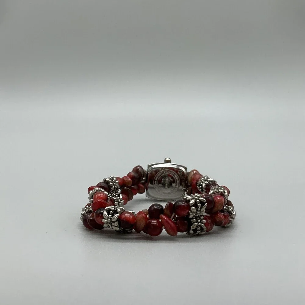 Vivani Womens Watch 18mm Silver Tone Red Beaded Stretch Band New Battery